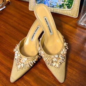 Hand beaded manolo kitten heels with mother of pearl beads